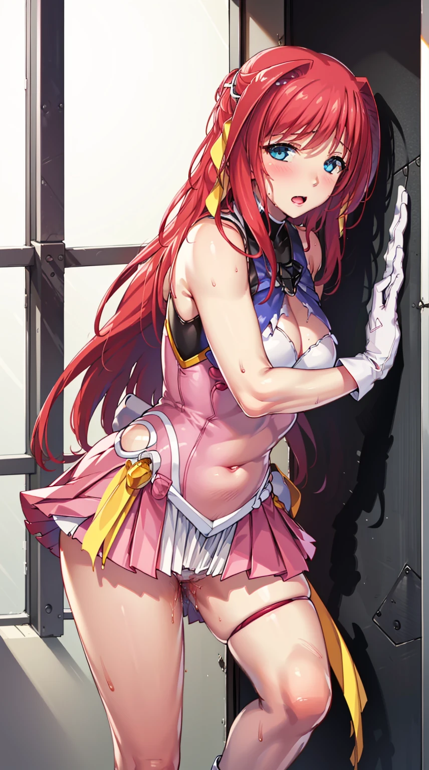 (Ultra extreme Detail), (masterpiece), (Ultra extreme), (Realistic), CG, (color: 1.2), Beautiful lighting, enemy, Smurfs, escalator, ピンクのhair, 長いhair, hair_ornament, blue eyes, Pink Dress, White long gloves, Look forward, (Masturbation:1.2), Sweaty, Frightened Eyes, Annoyed expression, Escape from the tentacles, Flushing, Backed up against a wall, Torn clothes,(Browsing Caution:1.5),(Masturbate:1.2)
