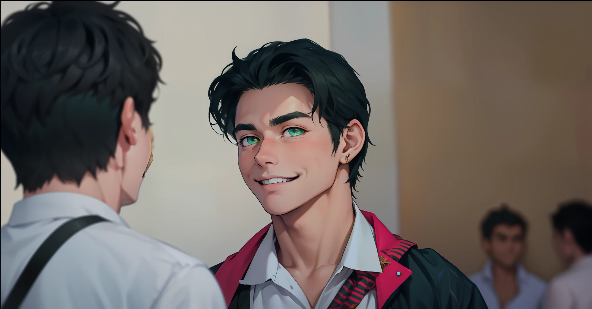 cute 18 year old boy, green eyes, mischievous smile, he is happy because he saw someone he likes, he has golden jewelry, golden bracelets, white shirt with gold color