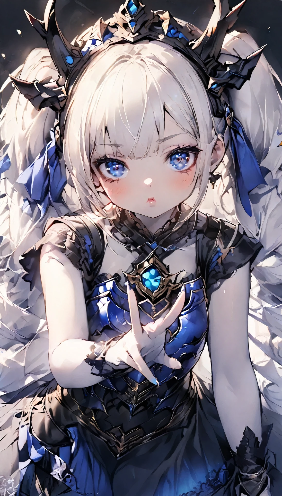 score_9, score_8_up, score_7_up, best quality ,masterpiece, 4k, Japanese anime, 1girl, (white skin:1.2), white hair, twin tails, blue ribbon, (mechanical dragonhorn:1.5), (mechanical wing:1.2), (eye lashes:1.3), (eye shadow:1.3), blue eyes, (beautiful detailed eyes:1.4), (pouty lips:1.5), 130cm tall, original character, fantasy, (black background:1.2), beautiful fingers, standing, (blue black lace frill armor dress:1.5), (mechanical headdress:1.5) , shoot from front, looking at viewer ,