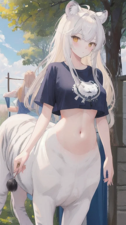 (best quality, masterpiece), 2 girls, centaur, It takes, beautiful skin, zoo, belly button t-shirt, 아름다운 소녀 perfect white tiger photo, perfect white tiger photo