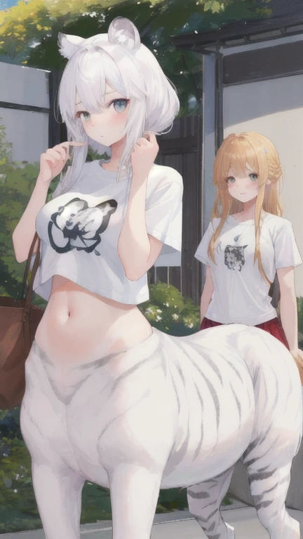 (best quality, masterpiece), 2 girls, centaur, It takes, beautiful skin, zoo, belly button t-shirt, 아름다운 소녀 perfect white tiger photo, perfect white tiger photo
