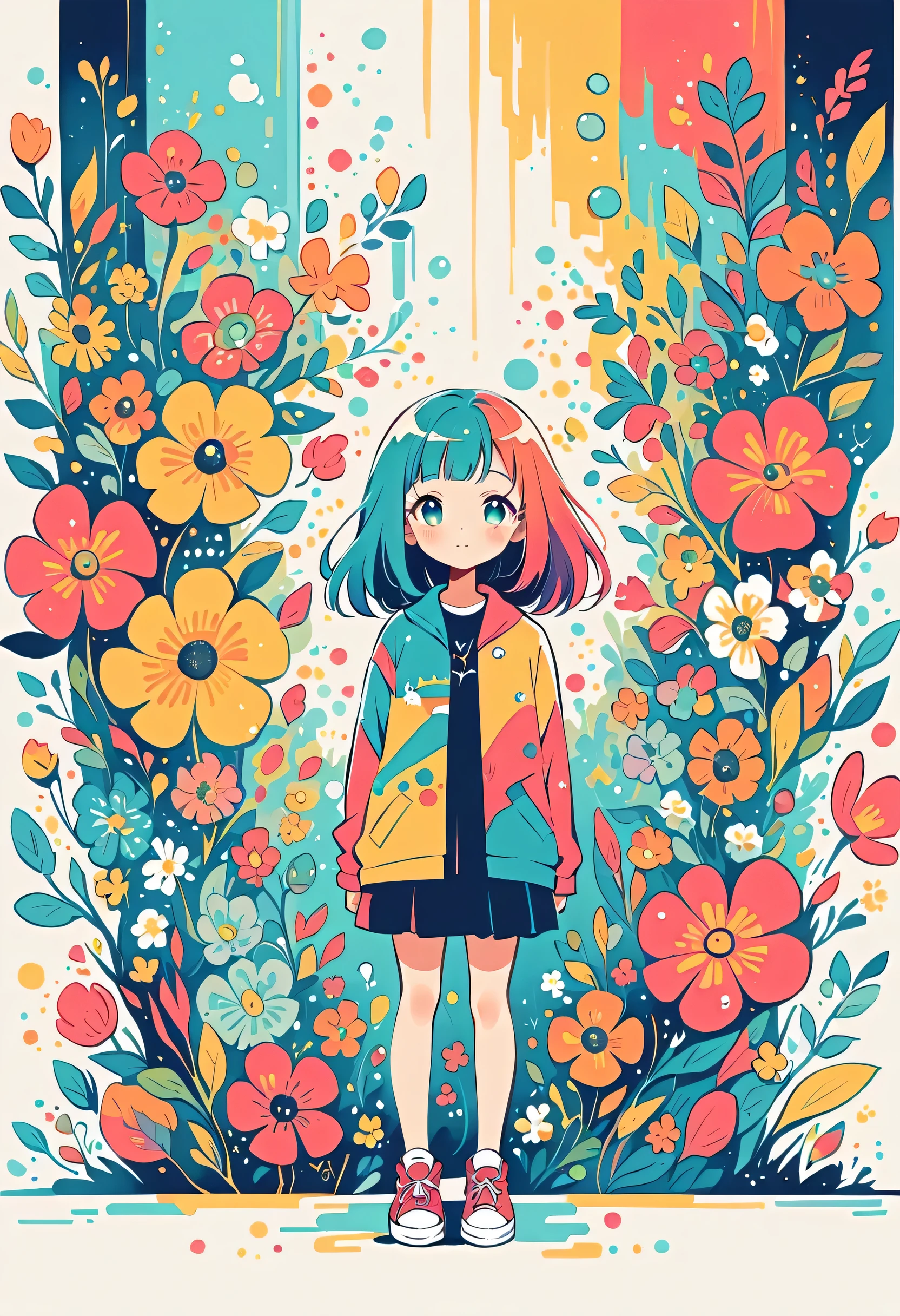 Watase Seizo style, Standing in front of a high wall,Simple Line Initialism,Abstract art,Urban Background, (((The most beautiful girl))), colorful flowers