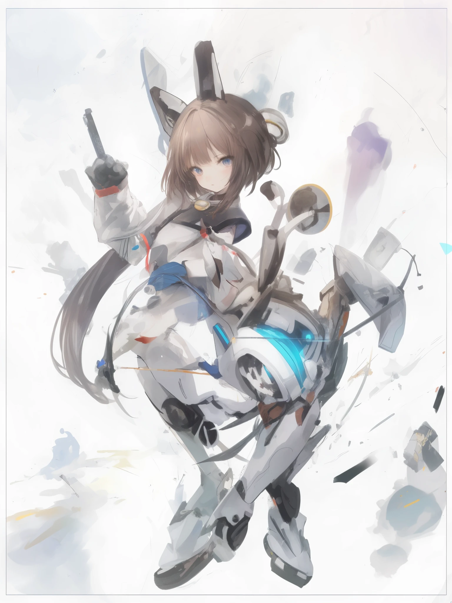 (brown hair swept bangs:1.3), anime character with a gun and a cell phone, fully robotic!! girl, perfect android girl family, android heroine, fully robotic!! catgirl, nanogirlv 2, cute cyber gods, anime robotic mixed with organic, anime manga robot!! anime girl, in intergalactic japan, art of kirokaze pixel, nanogirl, robot girl, anime robots
