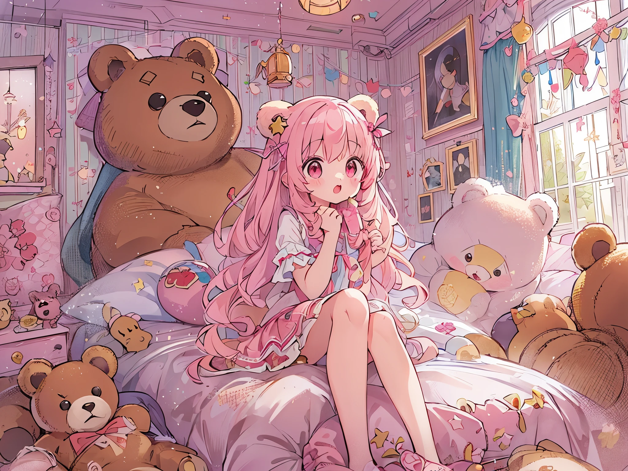 absurd, High resolution, (anime style:1.1), ((table top)), ((highest quality)), (super detailed), (beautiful), solo, beautiful face、(lift),12 years old、Your own cute room、pink wall paper、Lots of stuffed animals lined up.、Realistic beautiful stars々、(Cute girl with bear ears lying on a cute king size bed:1.4)、Pink colorful hair, red eyes,looking at the viewer,Lens flare,dramatic,、From the back、mini skirt、Full body Esbian、A real bear also sits next to it