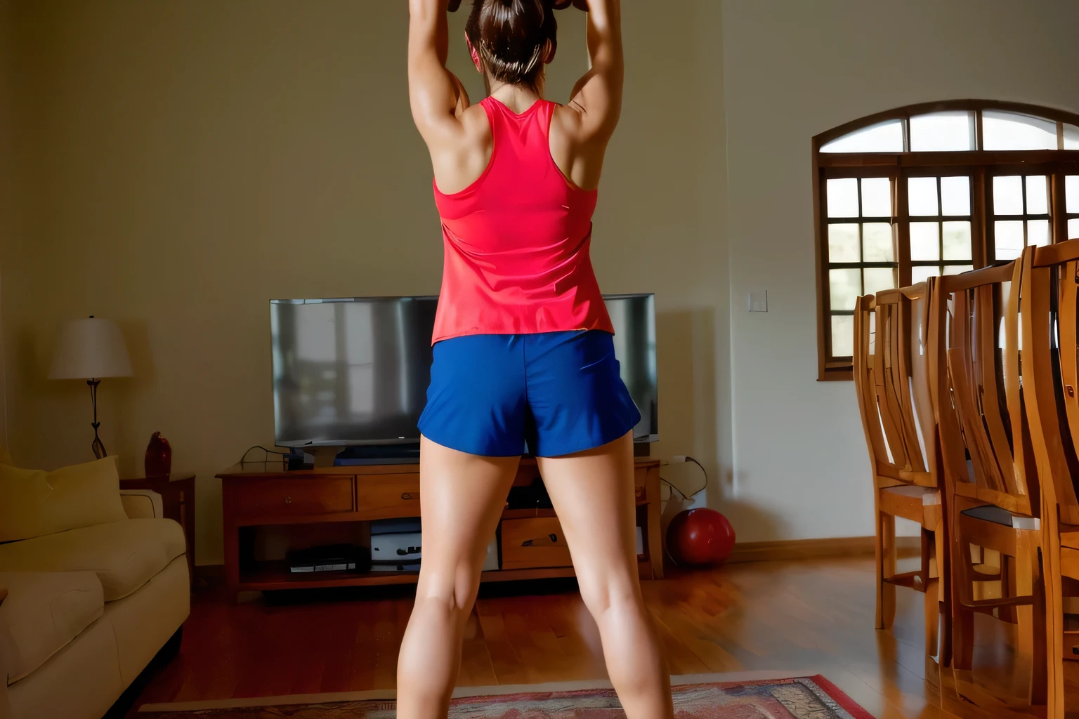 In the image, a beautiful Brazilian woman with white skin, dark brown hair tied in a ponytail, wearing a tank top and red shorts, tight blue shorts, blue shorts, she is in a room, with her back to the camera, wearing a red top and short shorts dark blue. She is looking at a television screen showing an exercise program, her hands raised. The room has wooden furniture and decorative items on shelves, seen from behind, wearing a red tank top and tight dark blue shorts. shot from behind, waist reaching ponytail, from behind, shot from behind, athletic standing pose. She's in a room like she's dancing or stretching. She is wearing a red tank top and blue shorts, suggesting a casual or athletic vibe. Back photo, training. Fitness woman, perfect arms, perfect body. She is around 40 years old, 162 cm tall and weighs 56 kg. Her body exudes glamor and her face is a definition of beauty. Slender body, thin waist. Highly realistic, hyperrealism, very elaborate skin, high quality photo. Sharp Photo, High Resolution, High Quality, Masterpiece, 16K Photo, Sharp Photo, High Contrast, Masterpiece, (Photographically Realistic), NUDE, NUDITY, NFSW.