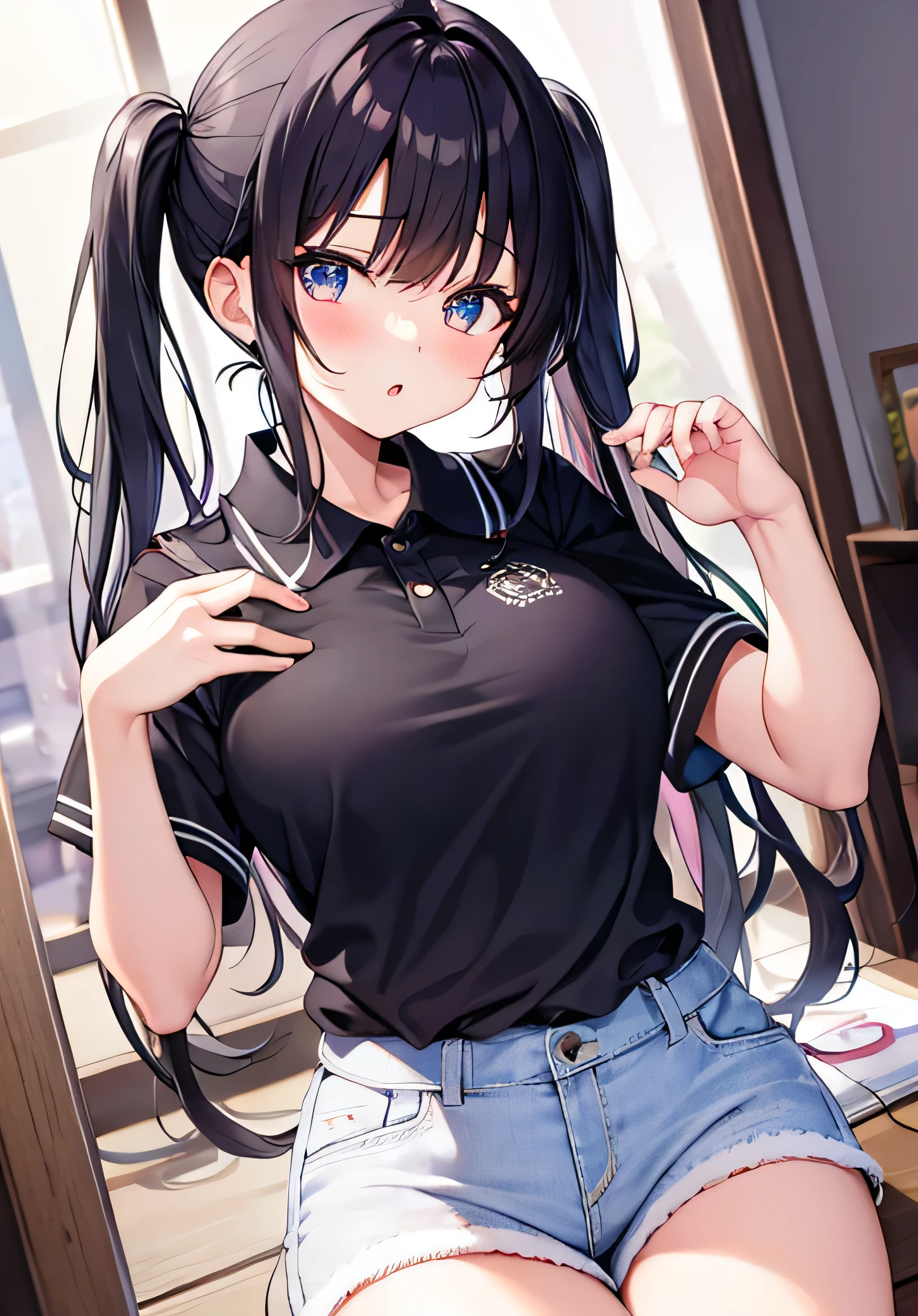 masterpiece、Highest quality、Ultra-high resolution、age girl with big breasts、twin tail hairstyle、black hair、Red face、shyly、open your mouth just a little、white polo shirt、denim shorts、inside the club room