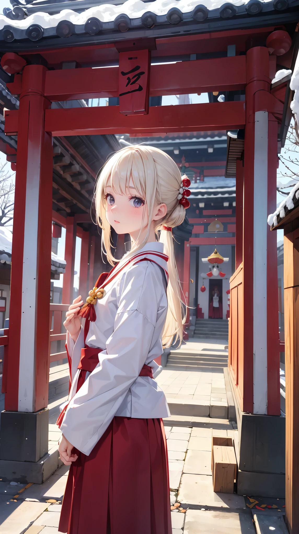 Very cute white-skinned girl, 12 years old、Festive attire、New Year、first visit of the year to a shrine、Worship、Praying at the temple、Shot from the side