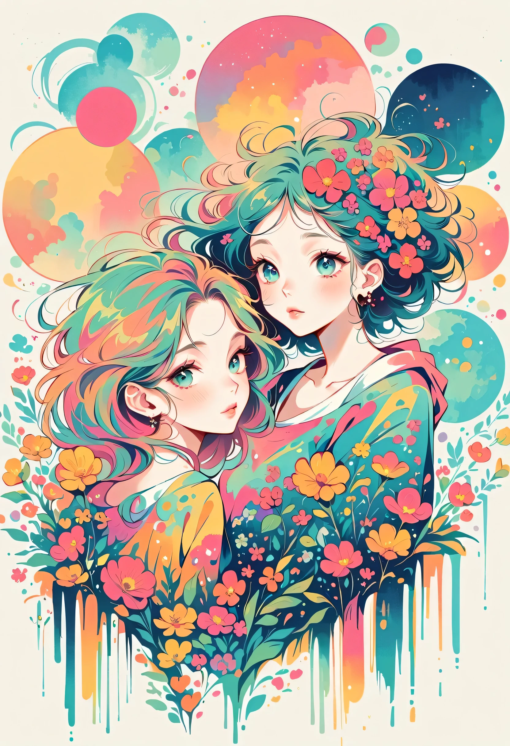 Watase Seizo style, Standing in front of a high wall,Simple Line Initialism,Abstract art,Urban Background, (((The most beautiful girl))), Lips in Love, sitting, colorful flowers