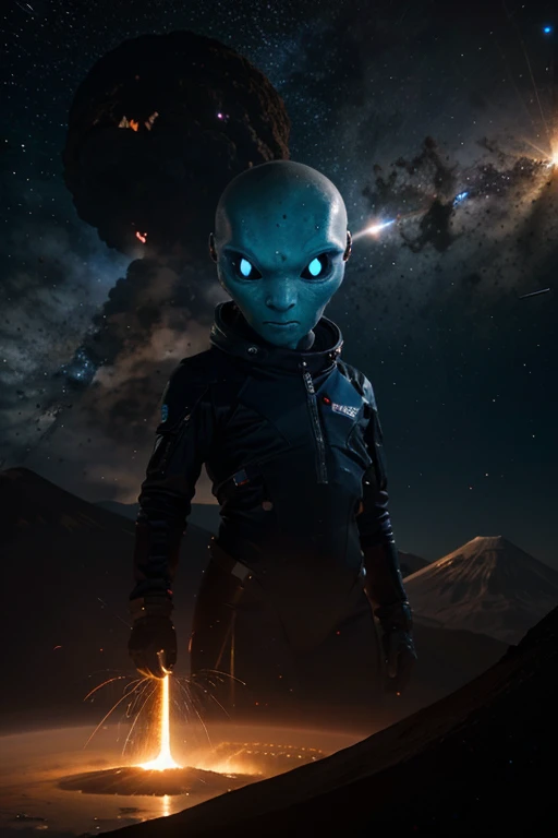Create an image of an Alien with a background in space with a volcano behind it exploding
