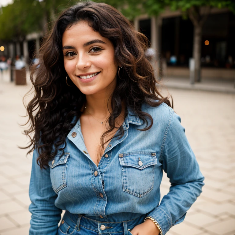 Femme mexicaine, 30 ans, wavy hair, peau brune, yeux sombres, sourire, clothing'affaires mexicains, robe charro, Realistic, with experience in a dynamic market, 8k super Realistic, detallada y Realistic. (A 30-year-old Femme mexicaine, wavy hair, Tanned skin, joue au tennis, Yeux sombres, souriant, porter une tenue de travail traditionnelle mexicaine, dynamic market background, de haute qualité et réaliste.)