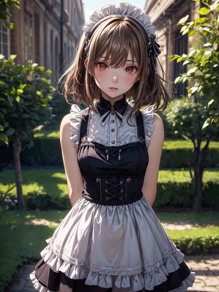 (masterpiece),(top-quality:1.2),((perfect anatomy)),((arms behind back)),(1 girl),4k anime,long maid clothes,french maid costume,light brown hair,beautiful detailed red eyes,Girl in the form of a maid,Girl in Gothic garden, Girl in tights,Sweet girl, attractive anime girl, beautiful anime girl,(sideways glance),pale skin,hyper realistic, Ultra Detailed,CG 4K,sharp-focus, the art of dramatic and photorealistic painting,film lighting,depth of written boundary,create an ethereal atmosphere like a dream,bokeh