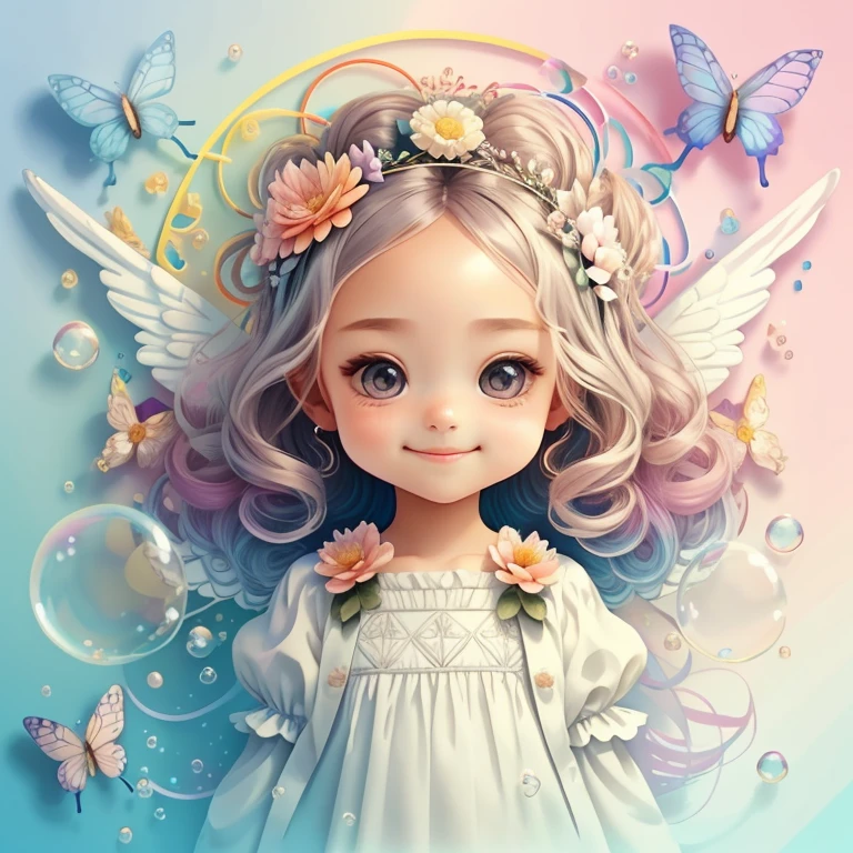 (cute angel smiling with flowers and butterflies, bubbles), Munchkin ,Geometric multidimensional wall portrait, livro de arte, Tchibi,
Yang08k, Beautiful, Colouring,
Obras, of the highest quality, best quality, Arte Oficial, Beautiful and Aesthetic,