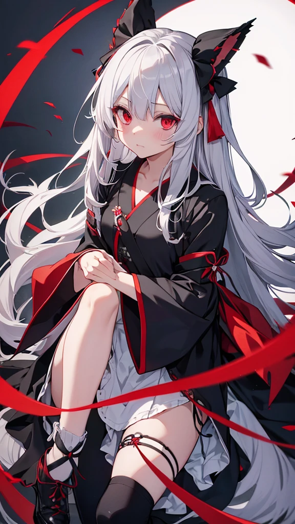 Highest quality　I have long hair　Gray Hair　Konpaku Youmu　Red eyes　I don't have anything　vampire　Odd Eye　kind　Miko costume　Cat ear　Embarrassed　Background Black