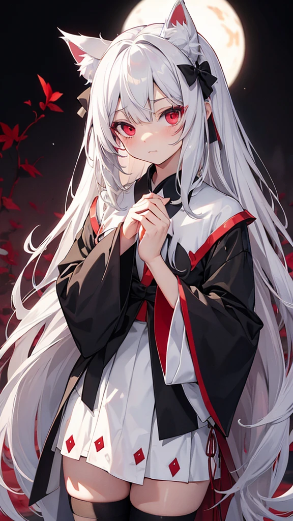 Highest quality I have long hair Gray Hair Konpaku Youmu Red eyes I don't have anything vampire Odd Eye kind Miko costume Cat ear Embarrassed Background Black