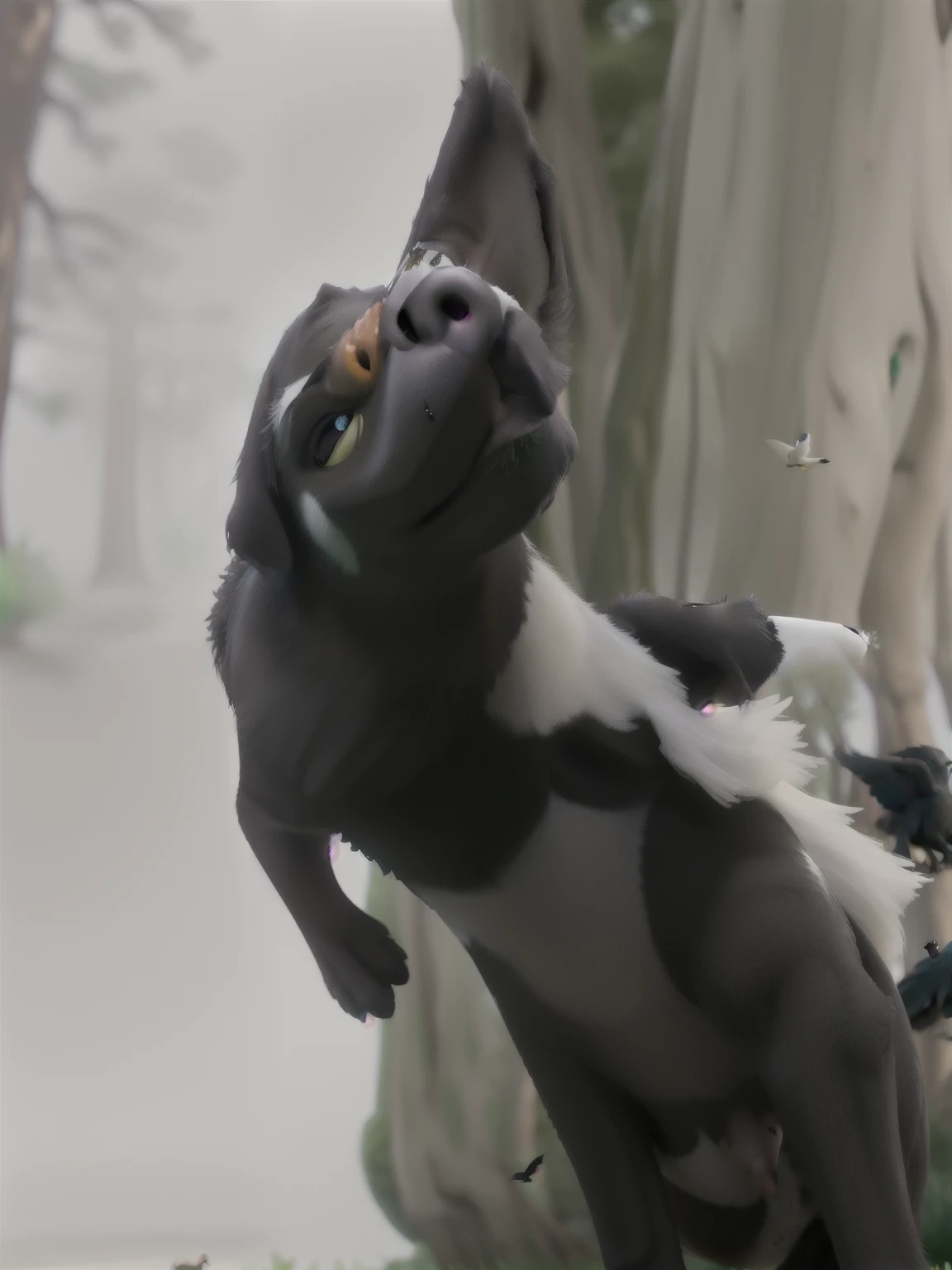 Black hunting dog with whitish belly playing on the lawn with birds, river and trees around Disney style 