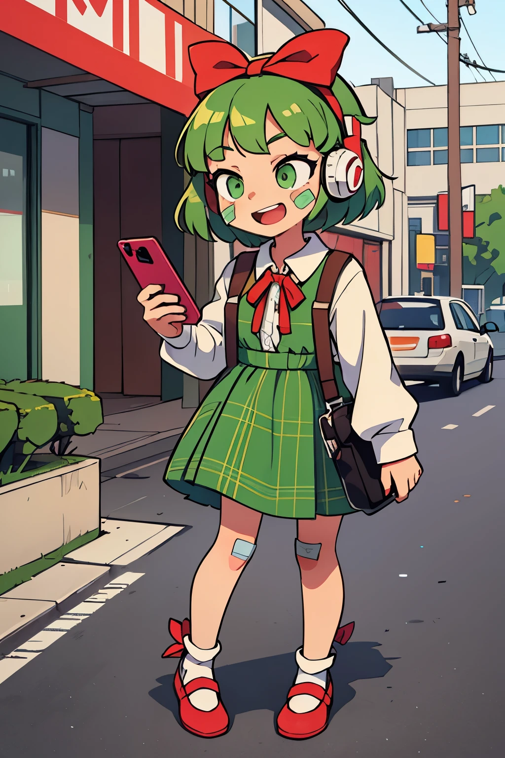 + +, 1girl, 15 years old, bandaid, bandaid on face, bandaid on nose, bangs, bow, braid, cellphone, collared shirt, dress, green eyes, green hair, hair bow, headphones, holding, holding phone, long sleeves, neck ribbon, open mouth, phone, plaid, plaid dress, red ribbon, ribbon, shirt, short hair, side braid, smartphone, smile, solo, sticker on face, full body, white bow, white shirt, street background