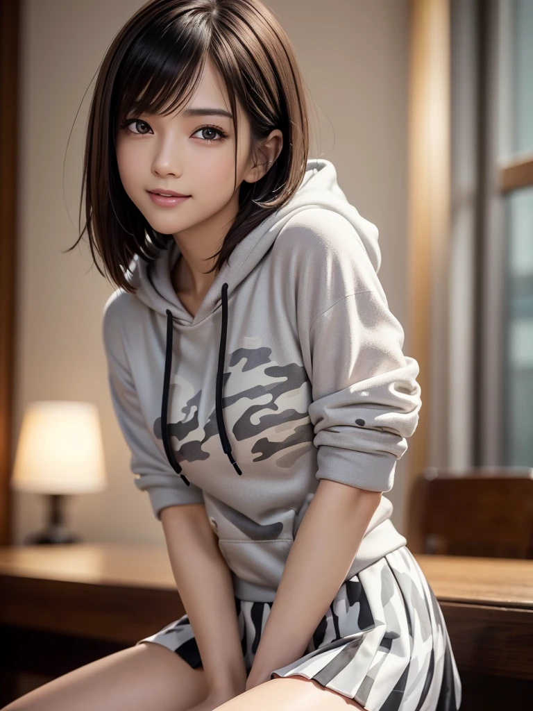 (8k, RAW Photos, highest quality, Tabletop:1.2), (Realistic, Photorealistic:1.4), (Highly detailed 8k wallpaper), Sharp focus, Depth of written boundary, Blur the background, Bokeh, Cinema Lighting, Soft Light, (whole body), 1 girl,18 years old famous Japanese idol, Perfect female body, indoor, (White and grey camouflage hoodie and black micro mini pleated skirt : 1.3), (Long, slender legs), (smile), Glossy lips, Beautiful fine details,Natural Makeup, Shiny and smooth light brown short bob hair, Asymmetrical bangs, Shiny skin, Center image, High resolution, Attention to detail, Detailed hairstyle, Detailed face, 素晴らしいCinema Lighting, Octane Rendering, Vibrant, Ultra-realistic, Perfect limbs, Perfect Anatomy