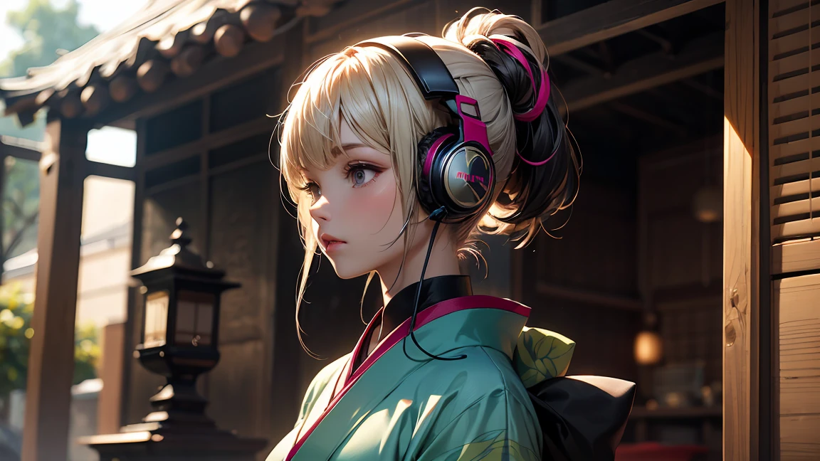 Wearing a kimono Wearing headphones Upper body only