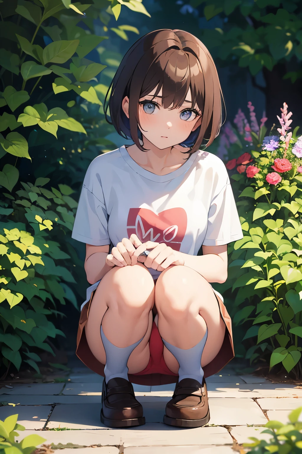 1girl, 20 yo, colorful Underwear, brown short hair, white, man t-shirt, Squatting, knees pointing at viewer, beautiful garden