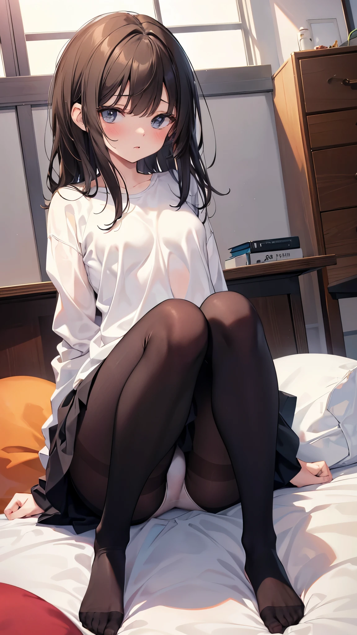 highest quality, masterpiece, High resolution, (Head to toe full body view), Front view from slightly below, Symmetrical Configuration, Precisely balanced composition across the body、18-year-old, Slim and beautiful girl, alone, (Small breasts), (No shoes), Long brown hair, bangs, (Black Pantyhose), (Sit on the floor with your legs open), (Spread-legged pose on bed), (Her legs were spread、White panties are visible.), (Open your mouth with a pained expression), blush, Shy big eyes, Looking into the camera, high school girl'Blazer uniform, Checkered pleated skirt