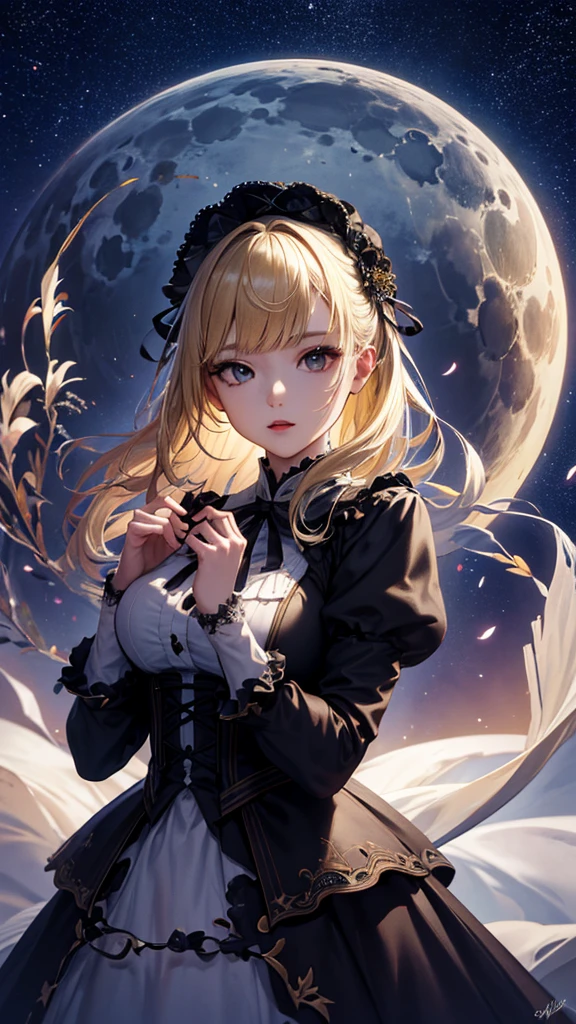 masterpiece, high quality, 4K, Beautiful design, silhouette，blonde， 非常に詳細な夜のStarry Sky,Flower Field， wonderful, Finer details,  Very knowledgeable woman, Highly detailed solo, 1 female,Big Breasts，Gothic Lolita Fashion，Night view，Starry Sky，full moon，