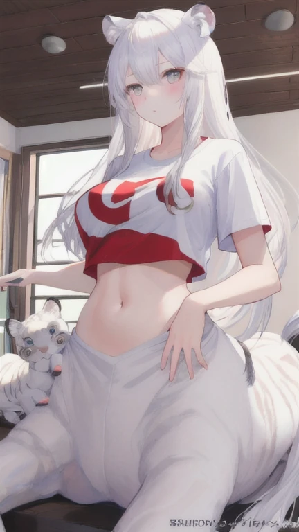 (best quality, masterpiece), 2 girls, centaur, It takes, beautiful skin,belly button t-shirt, 아름다운 소녀 perfect white tiger photo, perfect white tiger photo