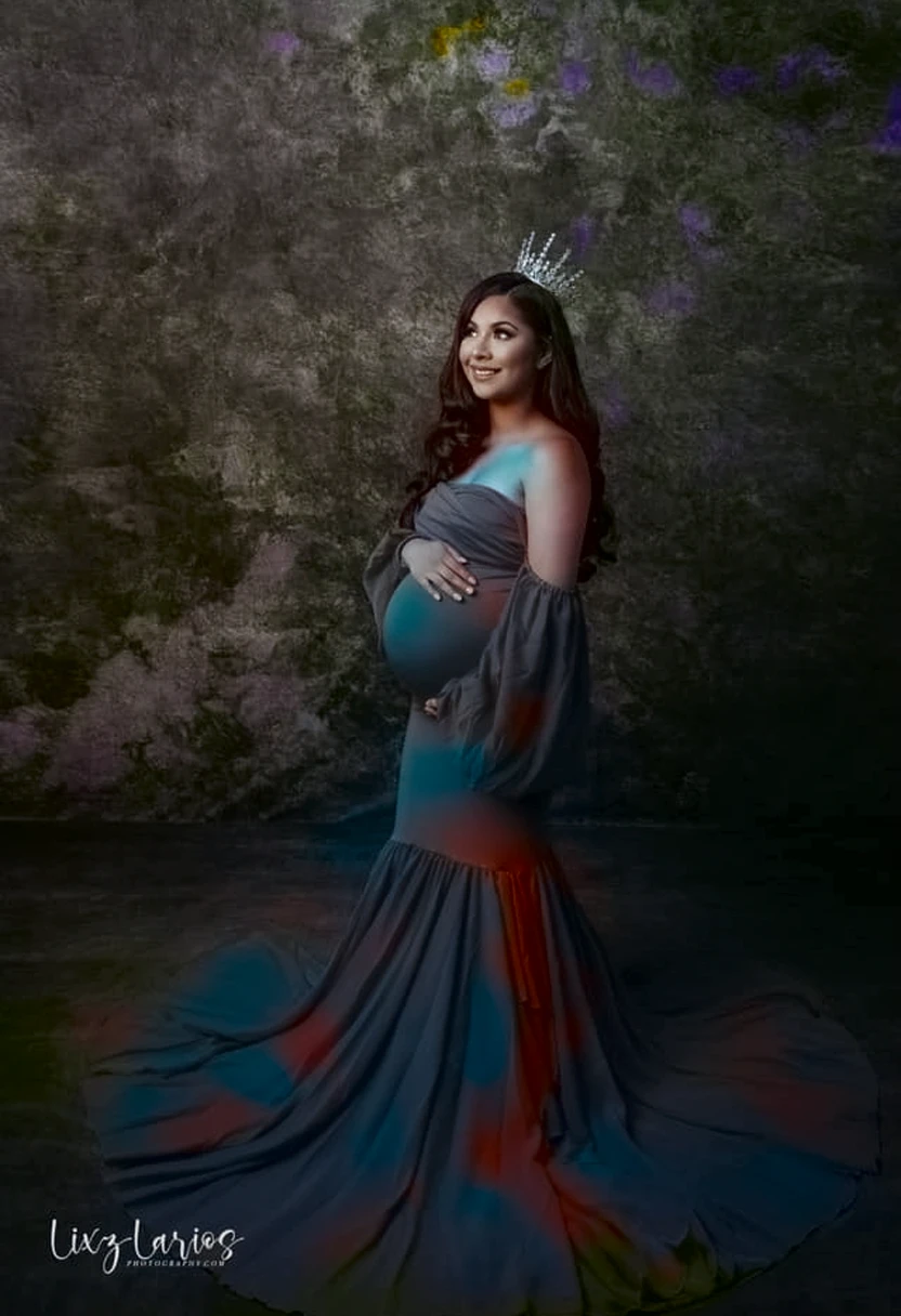 outdoor photography , high detailed , 4k , cinematic light , ultra high quality , pregnant woman in a gray dress posing for a photo, full body photoshoot, beautiful full body shot , marble paper dress , colorful dress , garden full of flowers on background , bokeh