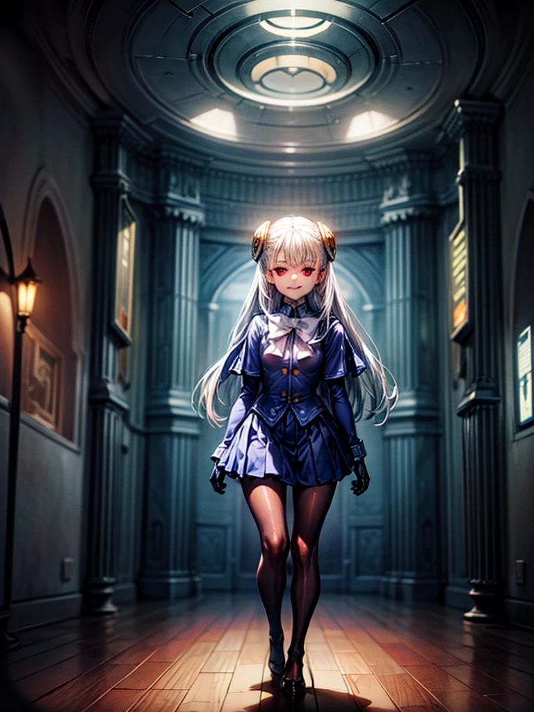 (masterpiece、highest quality、High resolution)、(Inside the futuristic base:1.6),1 girl、alone、ingrid、hair pod、gloves、skirt、pantyhose、bow、dress、 eye、(evil smile:1.4)、anime style、evil boss、Trampling、Full body Esbian,,empty eyes,mind control device, Pauses, obedient_Pause, show off the collar