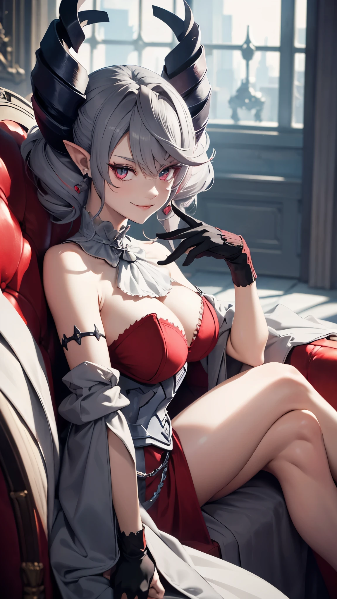 Red Throne sofa　High level image quality　best image quality　8K　 adult woman　whole body view　portrait　pure red long gloves（elbow gloves）　　red long dress（slit）　 horn   ears  　short hair（（shortcut）（gray hair）（perm）（fluffy））　eye color is blue　attractive evil face , face detail , smile ,  sexy pose   ,  labrynth , erotic sitting styles , view all body from side  , face focus    , view legs 