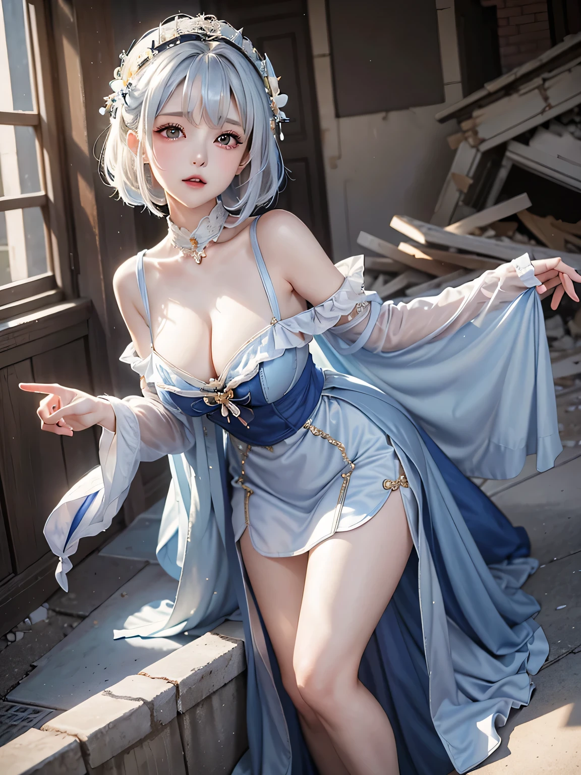 (masterpiece、highest quality、Every detail,Fantastic lighting,Depth of written boundary)(1girl,solo)(cute girl,Blue long dress,The dress has a loose fit,Exposing shoulders,No sleeve,White hair bob、medium beautiful breasts,Beautiful cleavage,thin and white legs、White skin)(ruins、Dilapidated Building、Collapsed Wall)(Close-up)(all fours,Leaning forward to highlight cleavage、Sexy model posing)