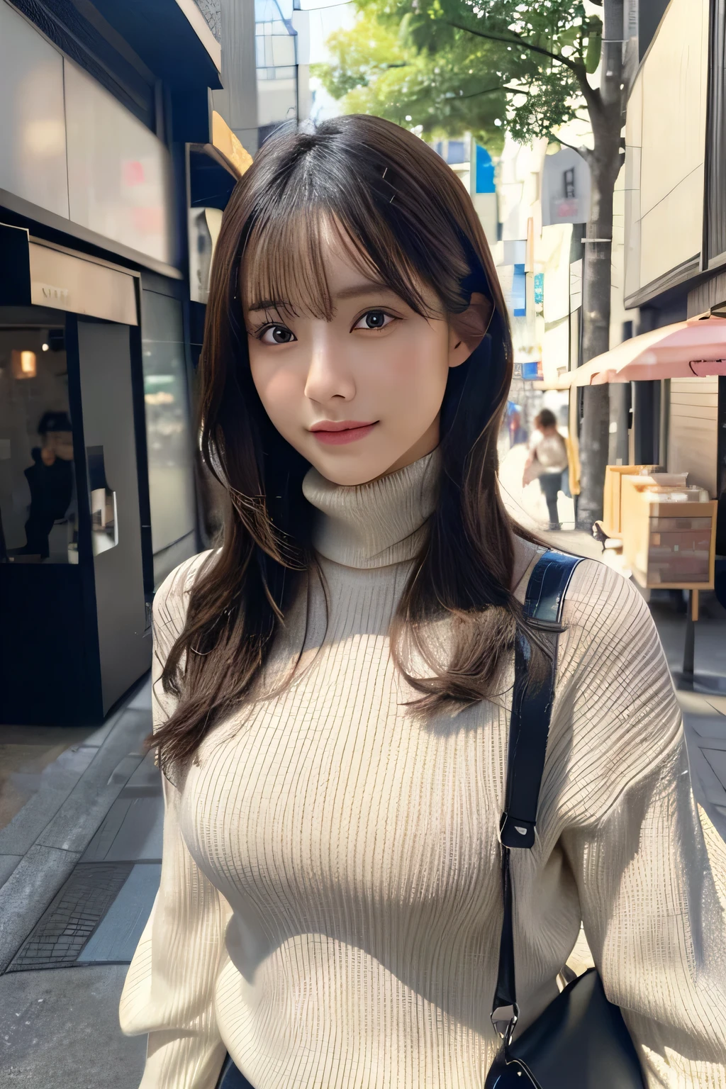 (Colossal tits、Turtleneck knitwear、Shoulder bag)、(top-quality,​masterpiece:1.3,超A high resolution,),(ultra-detailliert,Caustics),(Photorealsitic:1.4,RAW shooting,)Ultra-realistic capture,A highly detailed,high-definition16Kfor human skin、 Skin texture is natural、、The skin looks healthy with an even tone、 Use natural light and color,Female in her 30s,japanes,,kawaii,A dark-haired,Middle hair,(depth of fields、chromatic abberation、、Wide range of lighting、Natural Shading、)、(Hair swaying in the wind:1.2)、Streets of Tokyo