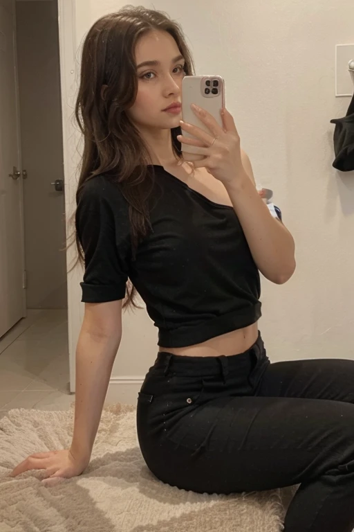Lovely and cute, 23 year old girl, wearing black long sleeve t-shirt and black pant, curvi figure, brown eyes, long and brown hair, sharp jawline, natural pink lips, Taking mirror selfie, hot and curvi body, white footwear.