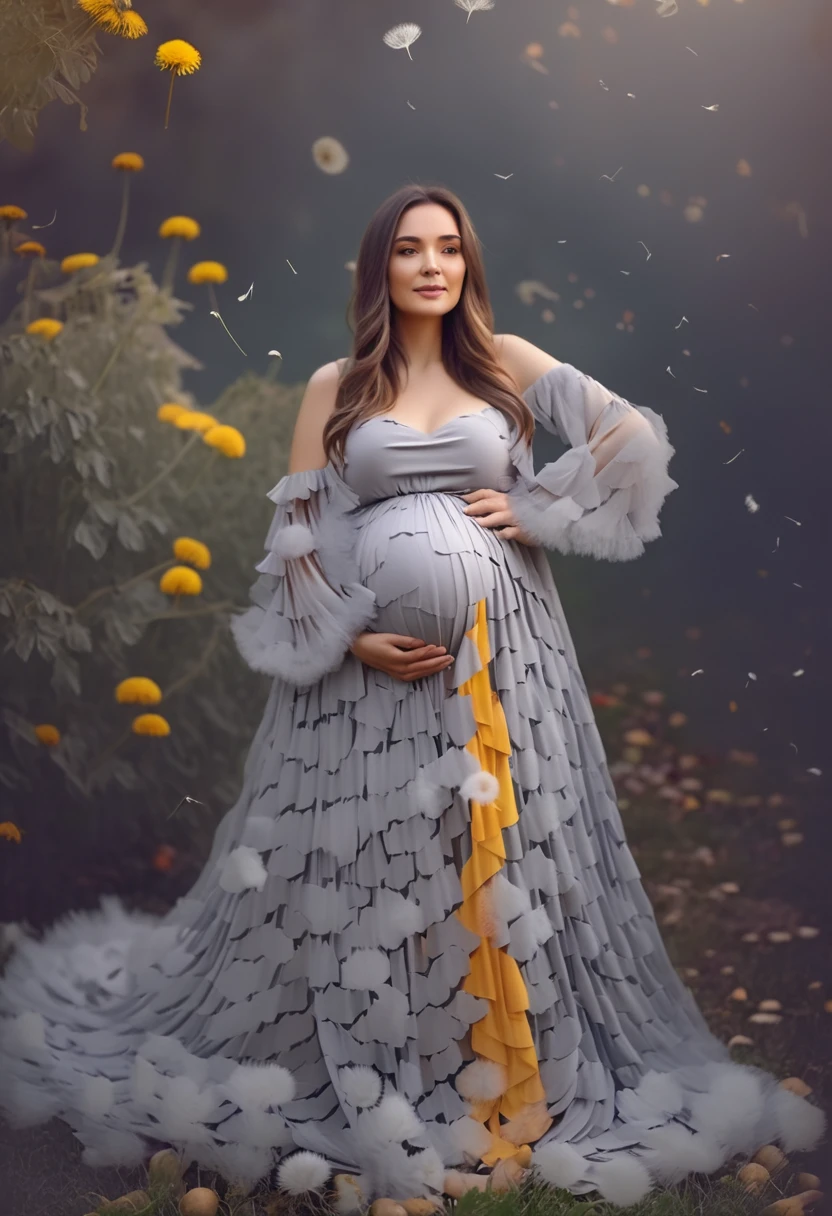 outdoor photography , high detailed , 4k , cinematic light , ultra high quality , pregnant woman in a gray dress posing for a photo, full body photoshoot, beautiful full body shot , marble paper dress , colorful dress , garden full of flowers on background , dandelion in the air , fall autumn trees