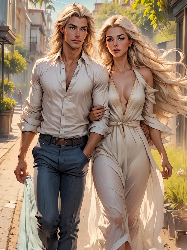 The picture shows a couple: a man (A tall, handsome, courageous young man-platinum blonde with blue eyes, long straight platinum hair, dressed in light linen trousers and a shirt) hugs an incredibly beautiful young femme fatale (blonde with long golden hair, blue eyes, she is wearing a light silk summer dress). They're in love. They are walking along the ocean shore.  Masterpiece, detailed study of the face, beautiful face, beautiful facial features, perfect image, realistic photos, detailed study of faces, full-length image, 8k, detailed image, extremely detailed illustration, a real masterpiece of the highest quality, with careful drawing.