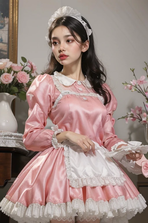 1girl,maid outfit,extremely beautiful girl,highly detailed,intricate details,delicate features,flawless skin,long flowing hair,detailed eyes,detailed lips,mesmerizing gaze,elegant pose,graceful movements,soft lighting,warm color palette,ethereal,dreamlike,delicate,translucent,sheer fabric,shimmering,glowing,serene,cinematic,photorealistic,8k,high resolution,masterpiece,digital art, m4id, very wide short skirt, petticoat, dress, apron, frills, headpiece, 