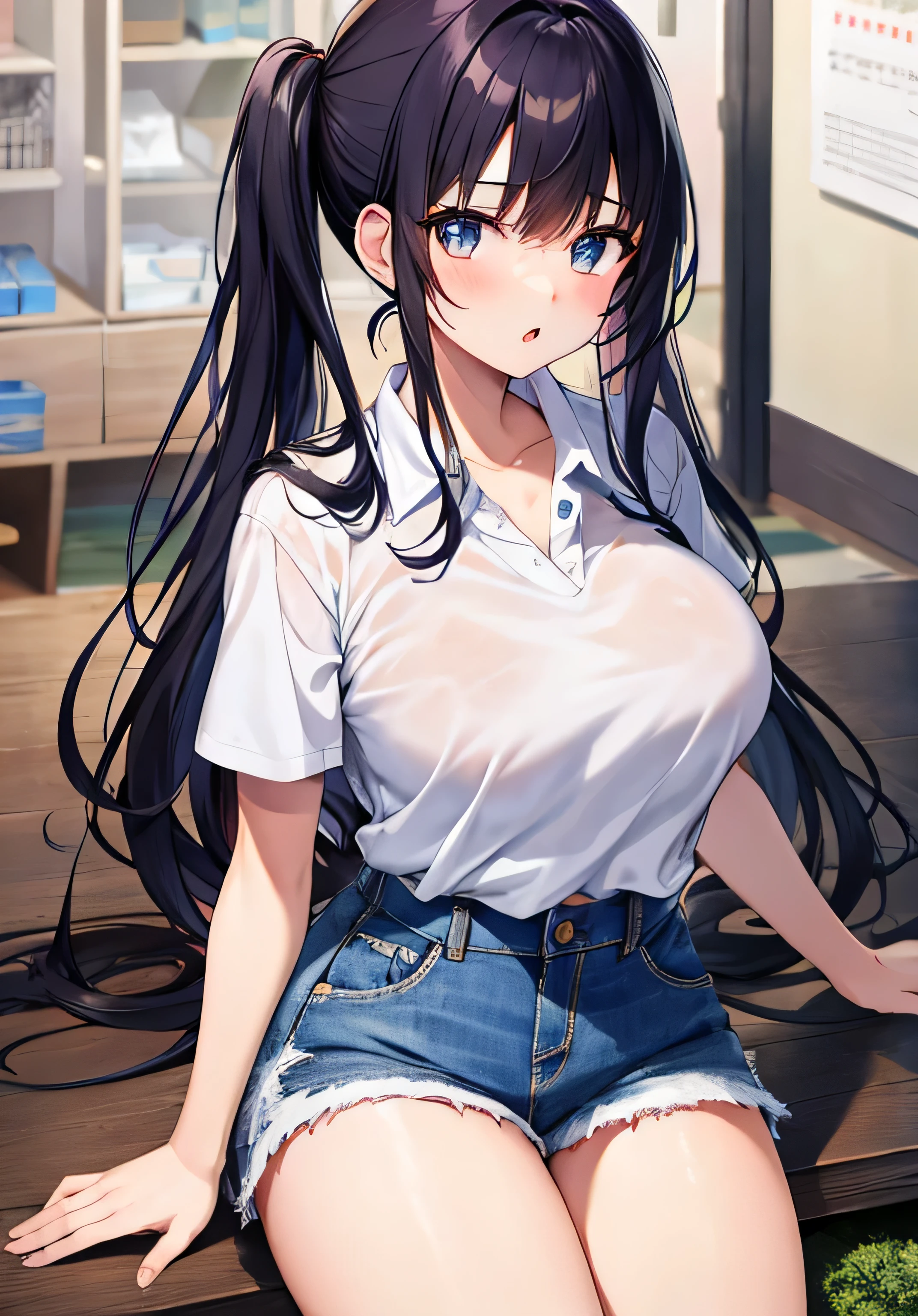 masterpiece、Highest quality、Ultra-high resolution、age girl with big breasts、twin tail hairstyle、black hair、Red face、shyly、open your mouth just a little、white polo shirt、denim shorts、inside the club room