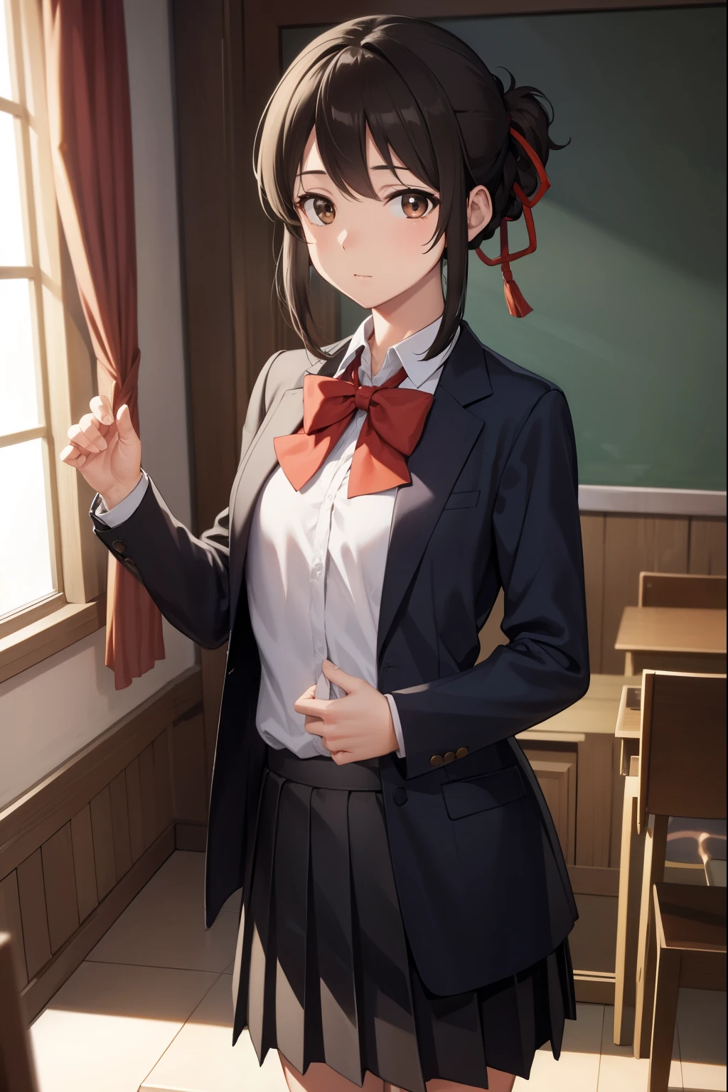 mitsuhamiyamizu, mitsuha miyamizu, black hair, (brown eyes:1.5), hair ribbon, (small breast:1.2),
BREAK bow, bowtie, kneehighs, pleated skirt, red bow, red bowtie, , skirt, white shirt, long sleeves,
BREAK looking at viewer,
BREAK indoors, classroom,
BREAK (masterpiece:1.2), best quality, high resolution, unity 8k wallpaper, (illustration:0.8), (beautiful detailed eyes:1.6), extremely detailed face, perfect lighting, extremely detailed CG, (perfect hands, perfect anatomy),