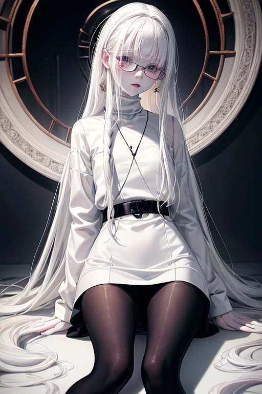 Cute 18 yo (albino:1.4)woman of Slavic descent.(short:1.1), , long white hair, gray eyes, ((very pale:1.4)). Innocent look. Gentle spirit.(virgin), Eyeglasses, (black turtleneck dress), necklace, (black pantyhose), black Mary Janes with straps.(joy)