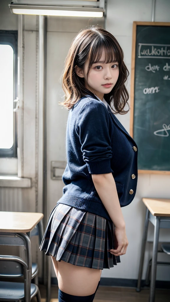 masterpiece, best quality, illustration, Super detailed, fine details, High resolution, 8K,wall paper, perfect dynamic composition,(Details High quality, realistic depiction of eyes:1.3), from side, High School Classroom、High school girl uniform、blazer 、Super Short Check Uniform Skirt、Navy blue high socks、garterbelts、Colossal tits、Disturbed uniform,  short hair, (wavy hair:1.2), short bob hair, black hair color, large breasts, Big Natural Color Lip, acrobatic pose, perfect body shape, crying a little、cold gaze, Harajuku style、20 year old girl、cute type, beautiful legs, hposing Gravure Idol, Voluptuous thighs