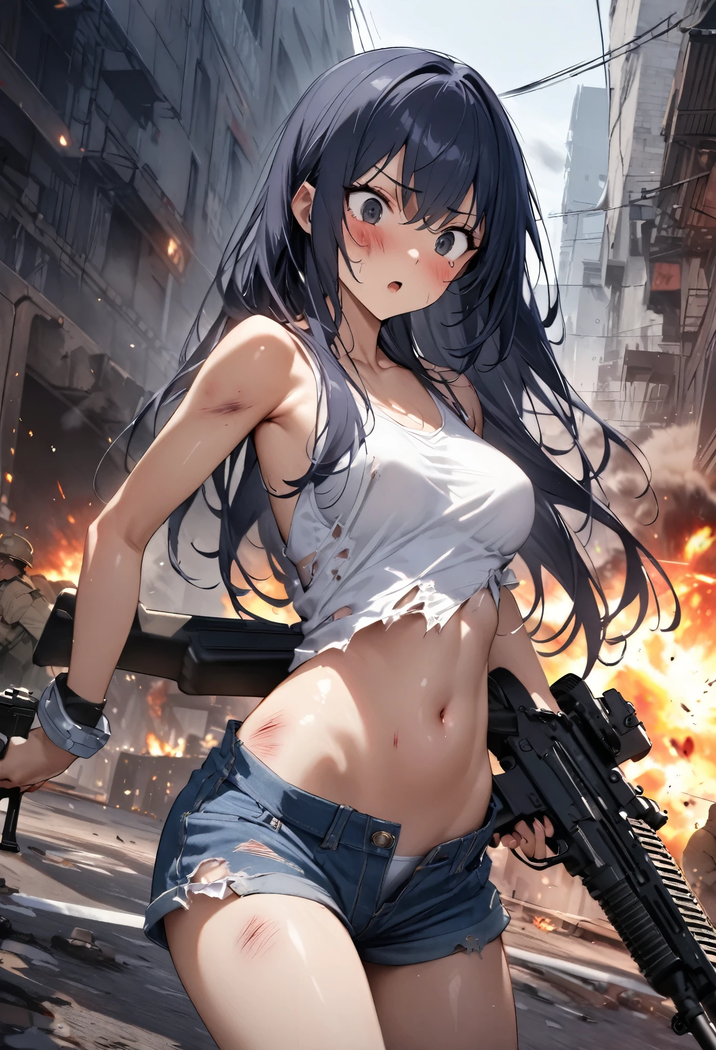 Gun action scene、explosion、Urban Warfare、Gunfight、((masterpiece, highest quality:1.3)),cowboy shot,20 year old beauty,solo,((very small head)),long body,dark blue hair,long hair,black eyes,bangs,medium breasts,,slender body,skinny,shiny skin,oily skin,Surprised、,White tight tank top、Crop length、navel、Denim micro mini shorts、GUNBELT,military vest,equipped with automatic rifle、(((explosionに巻き込まれる、Injury、Ripped clothes)))、on street、Ruined Tokyo、explosionする建物、End of the World、War between aliens and humans、
