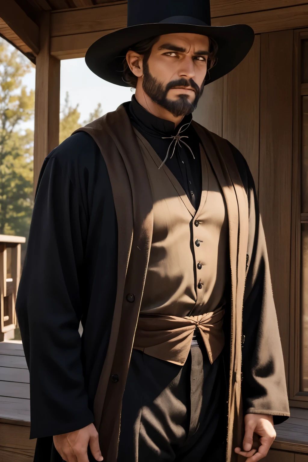 a man in a black pilgrims suit, standing on the porch, in the midwest, americana, upper body, close up, raw, [smiling:0.8], 8k uhd 