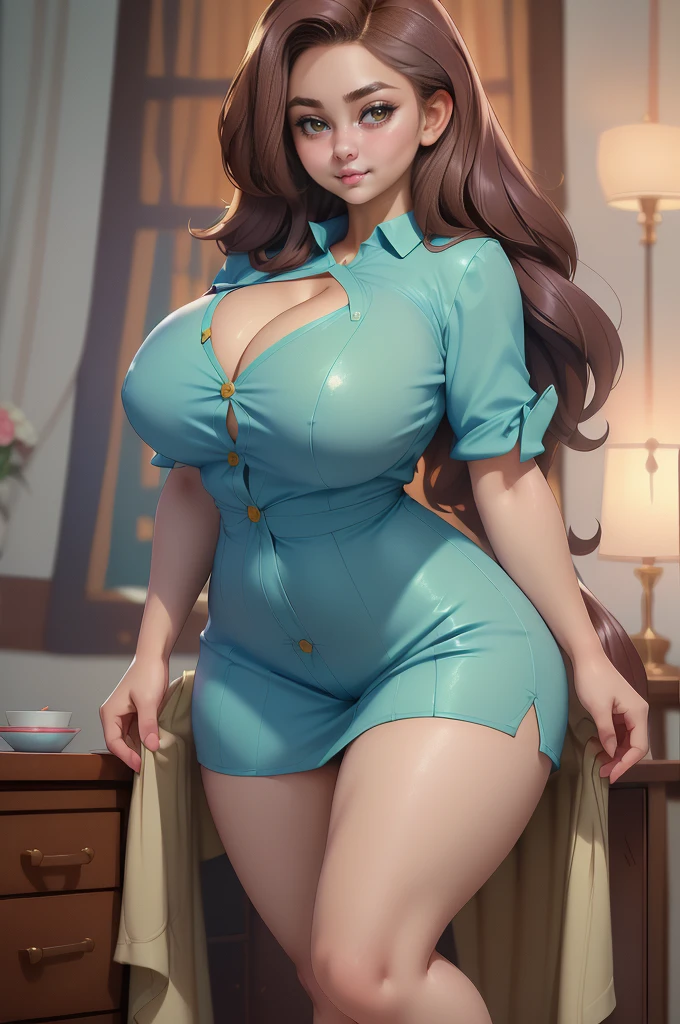 masterpiece, (photorealistic), (8K wallpaper) , (Best quality), perfect quality, One, (detailed eyes), woman,Librarian, Brunette hair, very beautiful, mature, 20 years, inside: (sexual inside bedroom standing), Face : Librarian, small smile, mature, very beautiful Face, plump Face, round Face, adult, plump cheeks, small smile, very beautiful, cute Face, young, short brunette hair, big purple eyes) , figure: ( very full body, very full figure, very thicc, very thicc, thicc, soft belly, soft belly bottom, big deep navel, Very soft, Very seductive, thicc buns, sexual curves, wide hips, thick thighs, fat ass, sexual, massive soft breasts, Cupcake top, very thicc thighs, thick thighs, incredibly wide hips) , cloth : (bodycon, tight-fitting closed-blouse strained-buttons closed blouse, pants) curly brunette hair