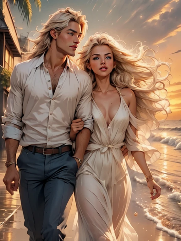 The picture shows a couple: a man (A tall, handsome, courageous young man-platinum blonde with blue eyes, long straight platinum hair, dressed in light linen trousers and a shirt) hugs an incredibly beautiful young femme fatale (blonde with long golden hair, blue eyes, she is wearing a light silk summer dress). They're in love. They are walking along the ocean shore. Masterpiece, detailed study of the face, beautiful face, beautiful facial features, perfect image, realistic photos, detailed study of faces, full-length image, 8k, detailed image, extremely detailed illustration, a real masterpiece of the highest quality, with careful drawing. A beautiful romantic couple walking hand in hand along the ocean shore, golden sunset light, detailed faces, long flowing hair, elegant summer dress, intimate moment, photorealistic, highly detailed, masterpiece, cinematic lighting, vibrant colors, dramatic composition