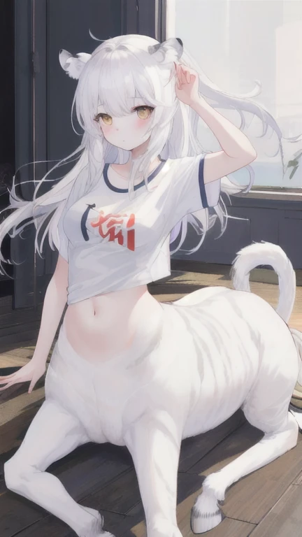(best quality, masterpiece), 1 girl, centaur, It takes, White skin, belly button t-shirt, 아름다운 소녀 perfect white tiger photo, perfect white tiger photo