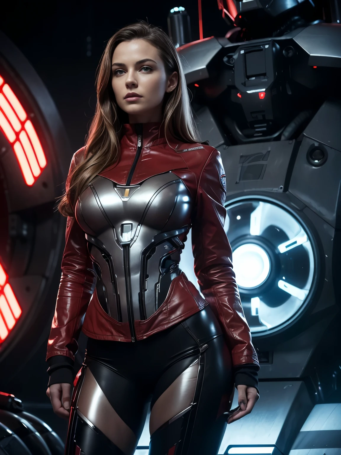 (Ultra high-definition imageidelity :1.2),Realistic,High quality,Movie Light, full body, 1 gorgeous european woman, (stands in front of a giant T800 war robot:1.3),she wears red shorts and black jacket, flirts with camera