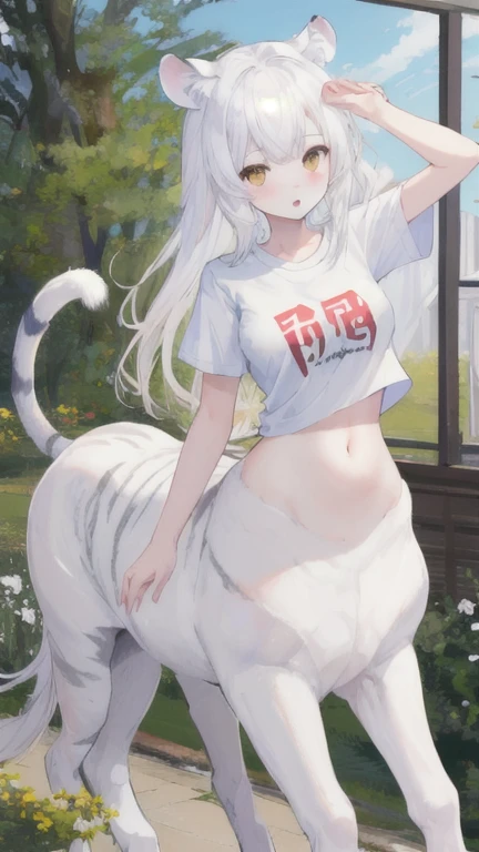 (best quality, masterpiece), 1 girl, centaur, It takes, White skin, belly button t-shirt, 아름다운 소녀 perfect white tiger photo, perfect white tiger photo