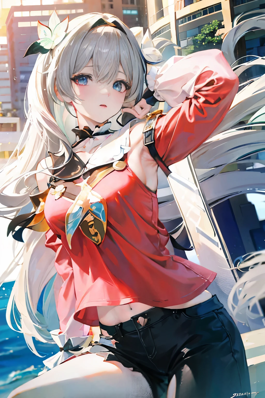 extremely detailed, high quality, anime girl with a towel on her head, ((honkai star rail, firefly)), beautiful anime girl, anime, realistic, (heterochromia hair, white and gray hair), long hair, (heterochromia eyes, blue and pink eyes), sweat, yellow t-shirt, cat logo on t-shirt, black denim shorts