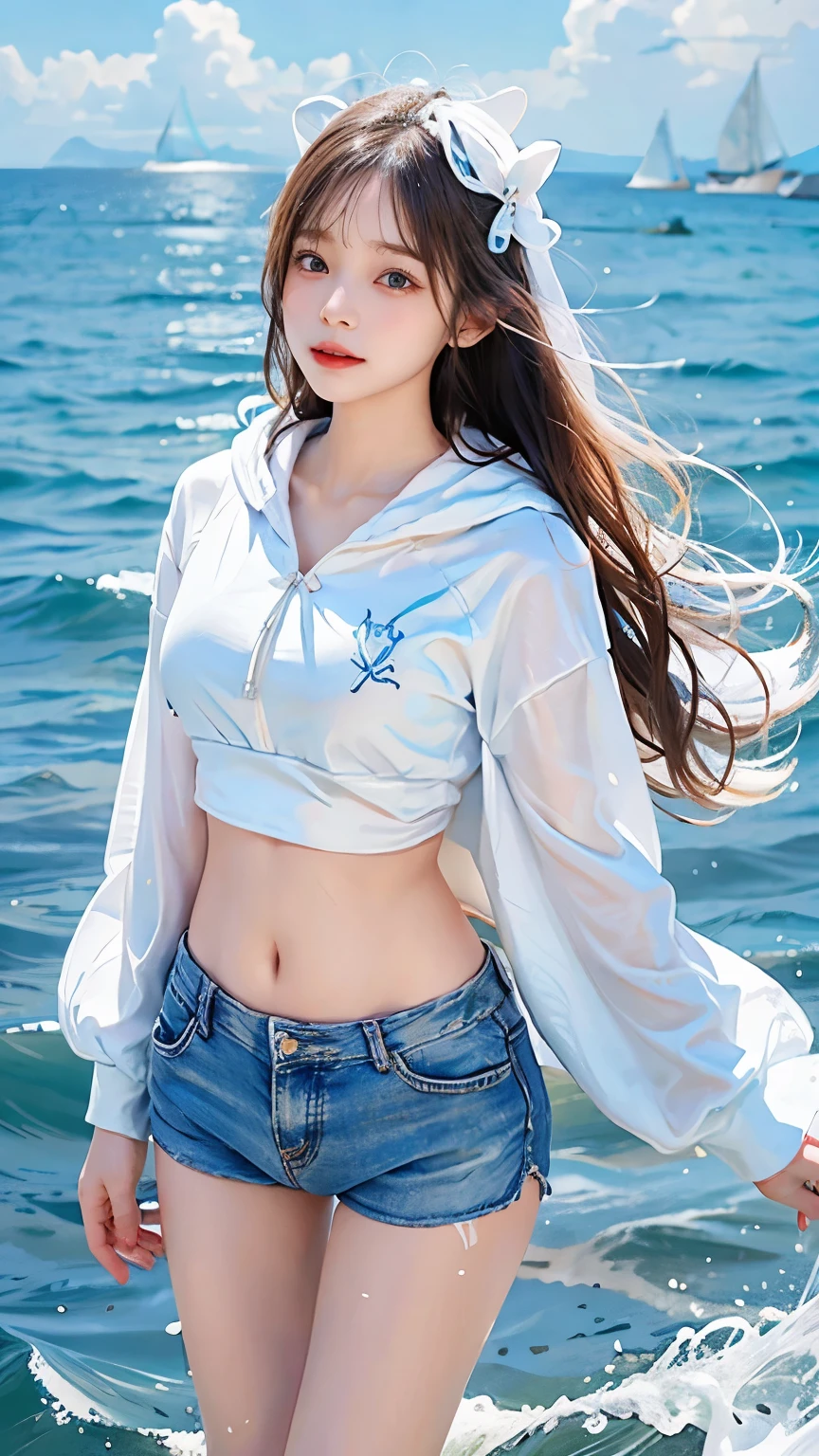 In the clear blue sea、Wearing a white hoodie fluttering in the wind、A woman wearing shorts、standing on the waves。Her hair is long、Shine white、Swaying in the waves。belly button。