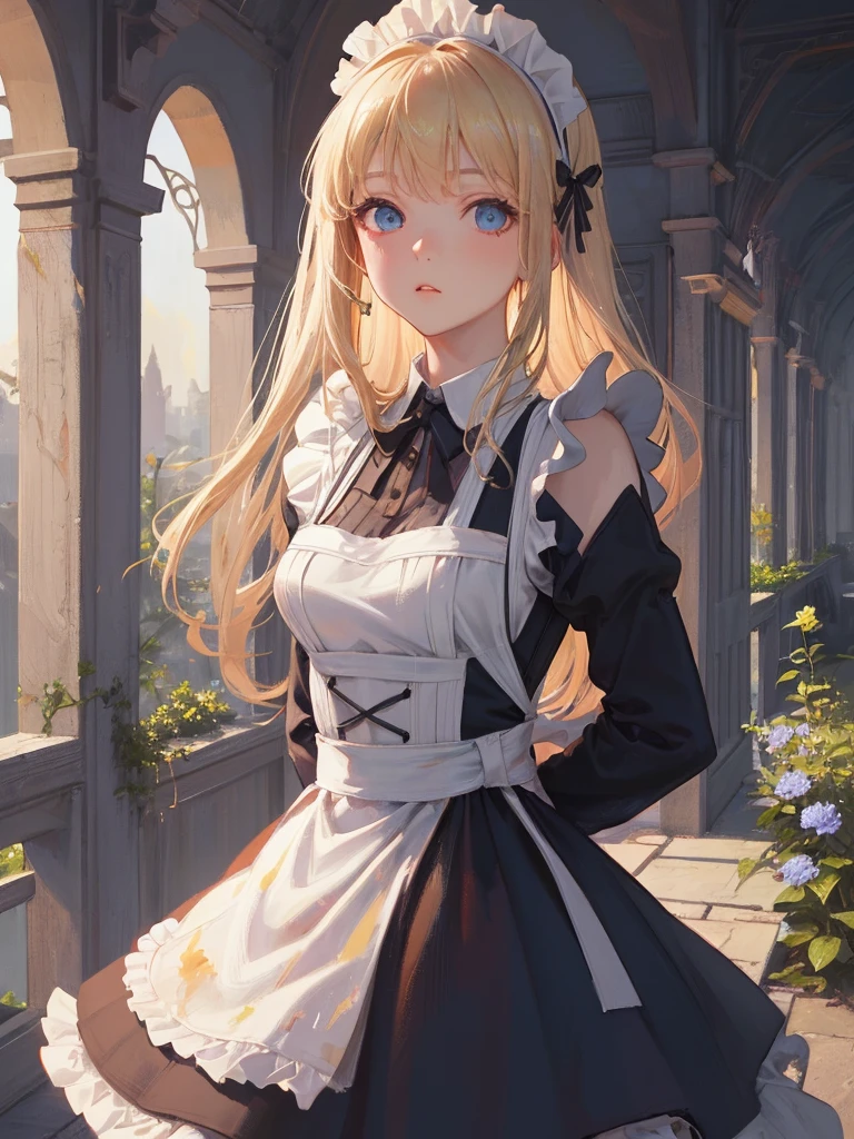 art by Cornflower,(masterpiece),(top-quality:1.2),((perfect ???????)),((arms behind back)),(1 girl),4k anime,gothic maid clothes,white apron,blonde hair,beautiful detailed blue eyes,Girl in the form of a maid,Girl in Gothic garden, Girl in tights,Sweet girl, attractive anime girl, beautiful anime girl,(sideways glance),pale skin,hyper realistic, Ultra Detailed,CG 4K,sharp-focus, the art of dramatic and photorealistic painting,film lighting,depth of written boundary,create an ethereal atmosphere like a dream,bokeh