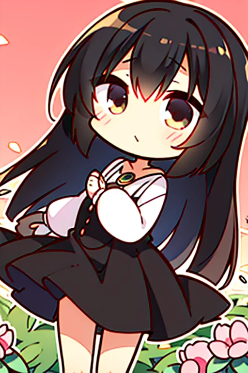 A black haired woman with brown eyes in an hourglass figure in a cute dress is blushing in a field of peonies